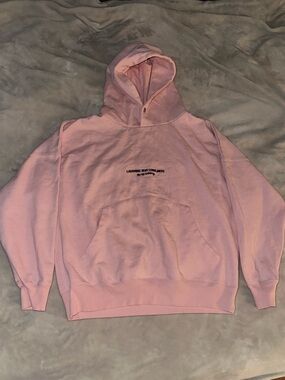 Pink Graphic Hoodie with Text on Front and Back